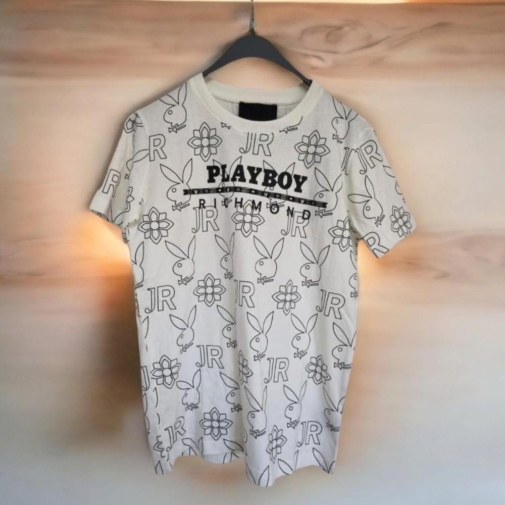 Playboy x John Richmond cream/black logo/spellout t shirt. Size large uk 14 - Picture 1 of 4